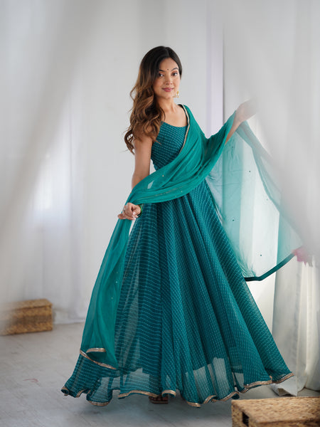 Pine Green Leheriya Anarkali Set with Dupatta