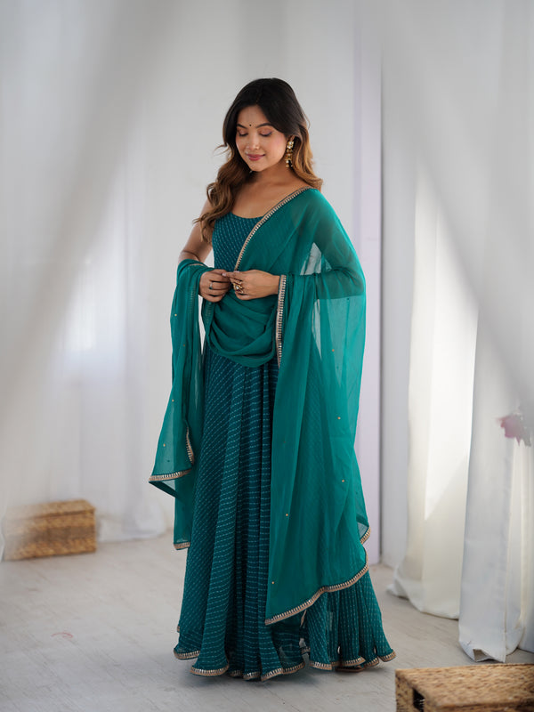 Pine Green Leheriya Anarkali Set with Dupatta