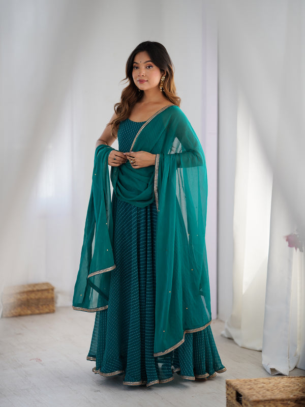 Pine Green Leheriya Anarkali Set with Dupatta