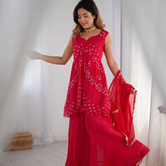 Pink Bandhani Kurta Palazzo Set with Dupatta