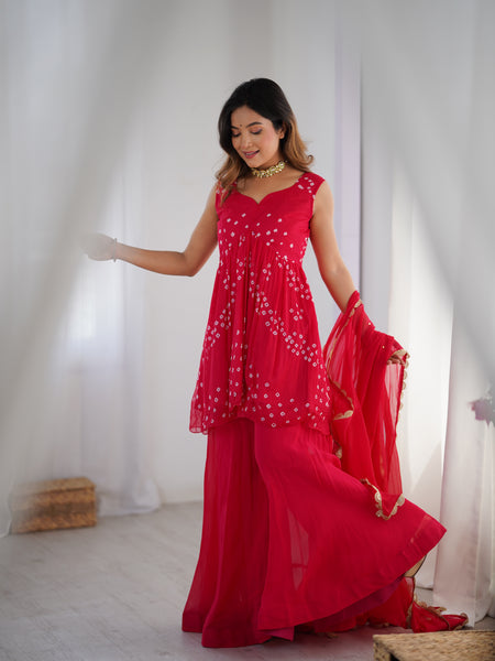 Pink Bandhani Kurta Palazzo Set with Dupatta