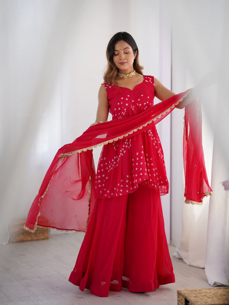 Pink Bandhani Kurta Palazzo Set with Dupatta
