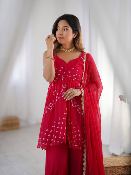 Pink Bandhani Kurta Palazzo Set with Dupatta