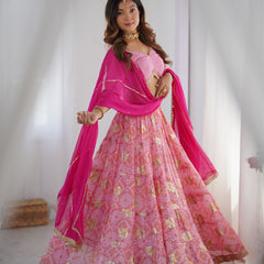 Bandhani Tiered Lehenga Set with Magenta Dupatta