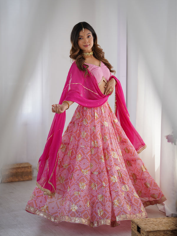 Bandhani Tiered Lehenga Set with Magenta Dupatta