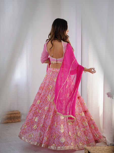 Bandhani Tiered Lehenga Set with Magenta Dupatta