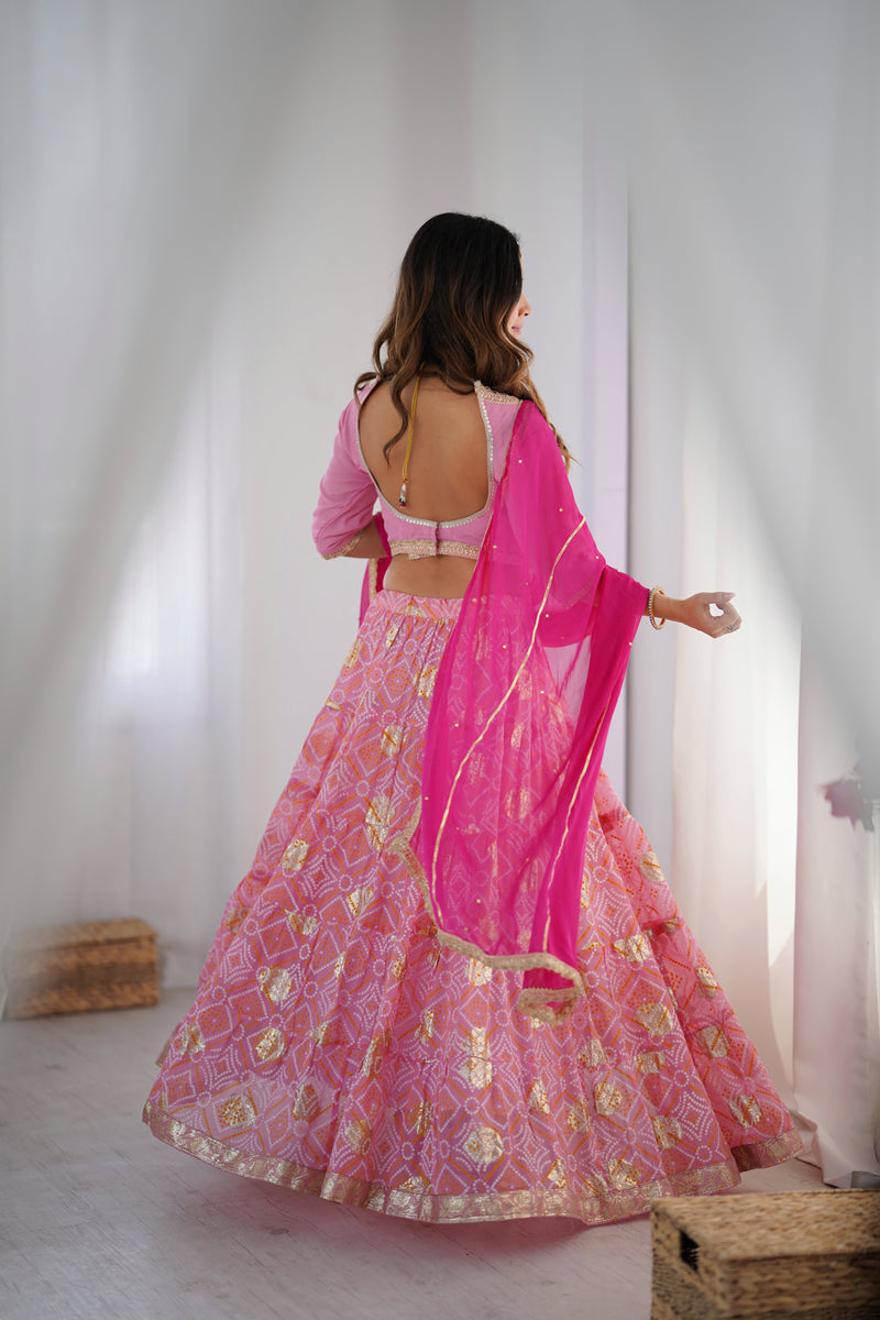 Bandhani Tiered Lehenga Set with Magenta Dupatta