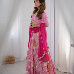 Bandhani Tiered Lehenga Set with Magenta Dupatta