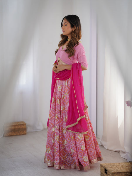 Bandhani Tiered Lehenga Set with Magenta Dupatta