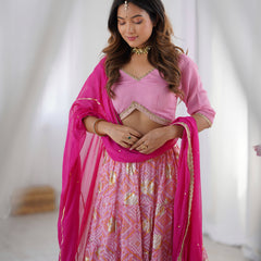 Bandhani Tiered Lehenga Set with Magenta Dupatta