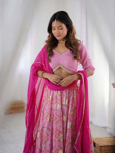 Bandhani Tiered Lehenga Set with Magenta Dupatta