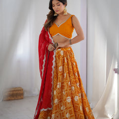 Yellow Bandhani Flared Lehenga Set with Red Dupatta