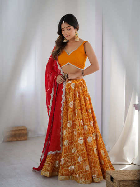 Yellow Bandhani Flared Lehenga Set with Red Dupatta