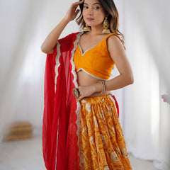 Yellow Bandhani Flared Lehenga Set with Red Dupatta