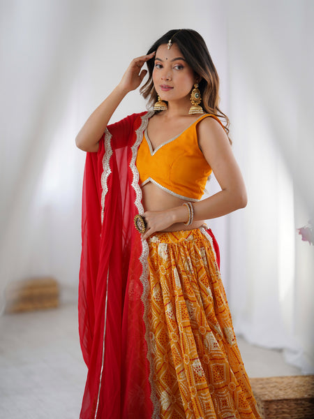 Yellow Bandhani Flared Lehenga Set with Red Dupatta