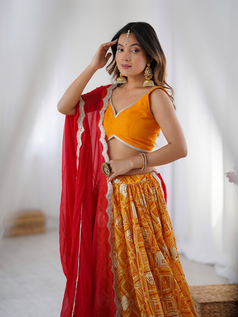 Yellow Bandhani Flared Lehenga Set with Red Dupatta