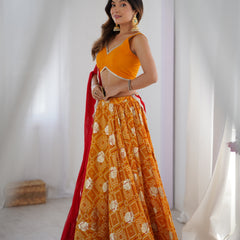 Yellow Bandhani Flared Lehenga Set with Red Dupatta