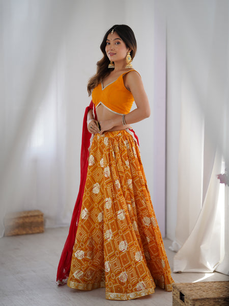 Yellow Bandhani Flared Lehenga Set with Red Dupatta