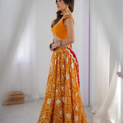 Yellow Bandhani Flared Lehenga Set with Red Dupatta