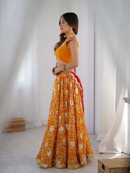 Yellow Bandhani Flared Lehenga Set with Red Dupatta