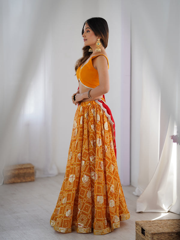 Yellow Bandhani Flared Lehenga Set with Red Dupatta