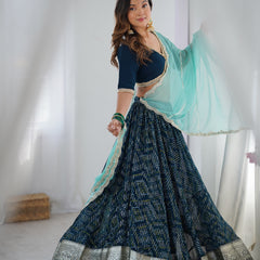Navy Blue Printed Lehenga Set with Aqua Dupatta