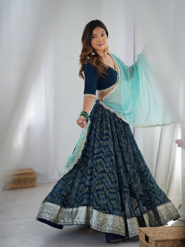 Navy Blue Printed Lehenga Set with Aqua Dupatta