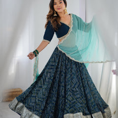 Navy Blue Printed Lehenga Set with Aqua Dupatta