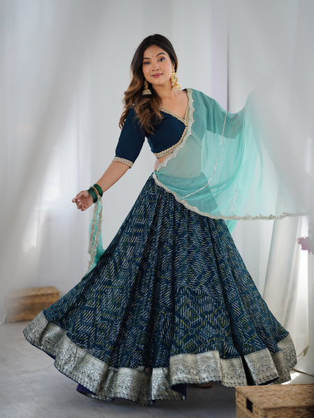 Navy Blue Printed Lehenga Set with Aqua Dupatta