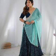 Navy Blue Printed Lehenga Set with Aqua Dupatta