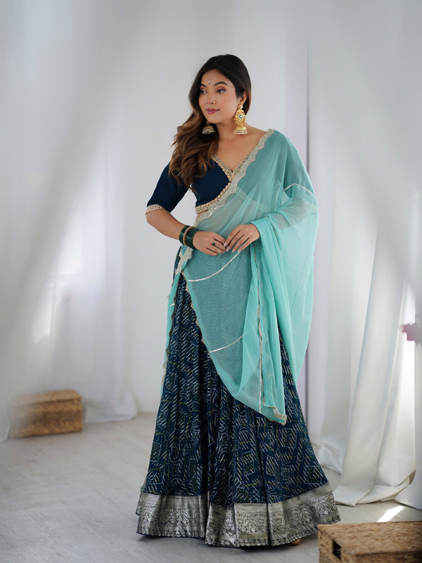 Navy Blue Printed Lehenga Set with Aqua Dupatta
