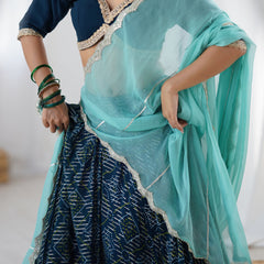 Navy Blue Printed Lehenga Set with Aqua Dupatta