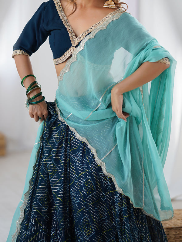 Navy Blue Printed Lehenga Set with Aqua Dupatta
