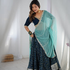 Navy Blue Printed Lehenga Set with Aqua Dupatta
