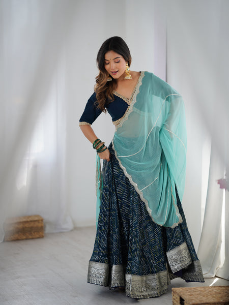 Navy Blue Printed Lehenga Set with Aqua Dupatta