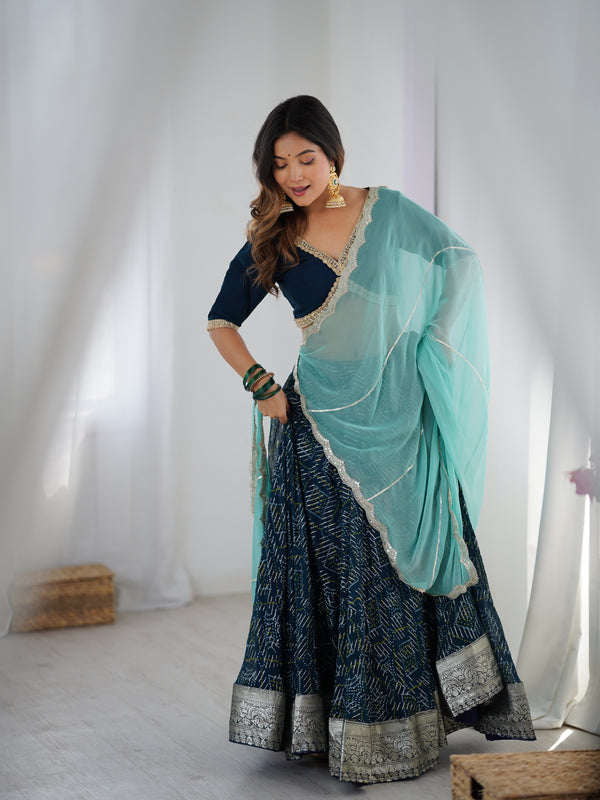Navy Blue Printed Lehenga Set with Aqua Dupatta