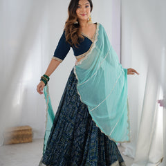Navy Blue Printed Lehenga Set with Aqua Dupatta