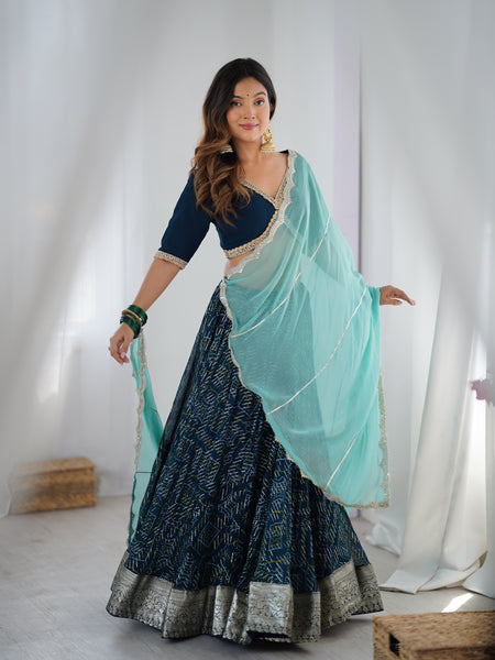 Navy Blue Printed Lehenga Set with Aqua Dupatta