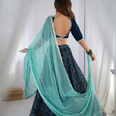 Navy Blue Printed Lehenga Set with Aqua Dupatta
