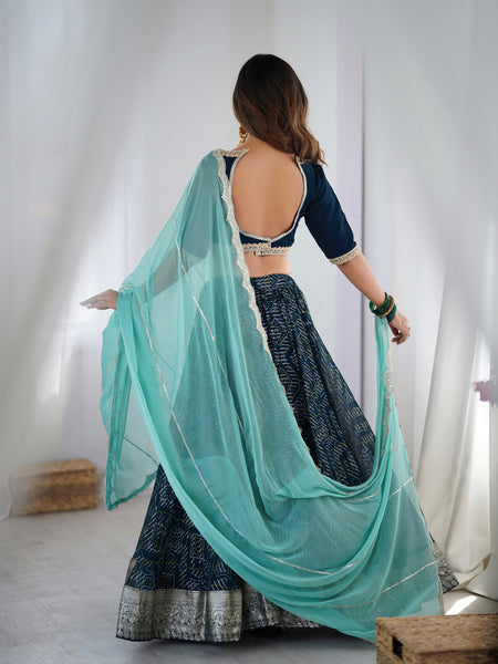 Navy Blue Printed Lehenga Set with Aqua Dupatta