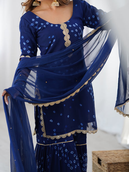 Navy Blue Bandhani Sharara Set with Dupatta