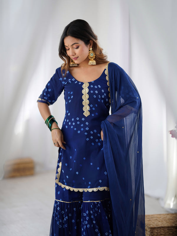 Navy Blue Bandhani Sharara Set with Dupatta