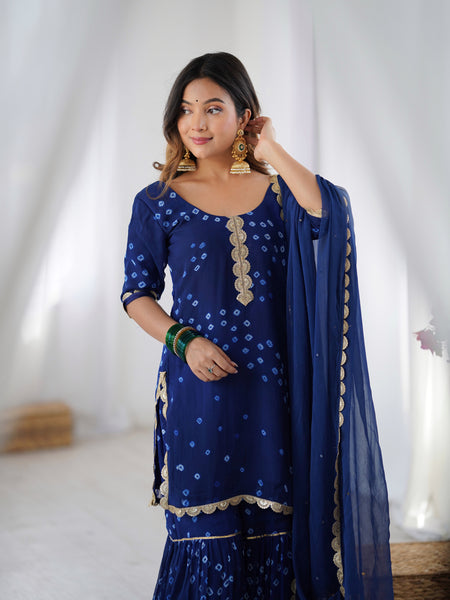 Midnight Blue Bandhani Sharara Kurta Set with Dupatta