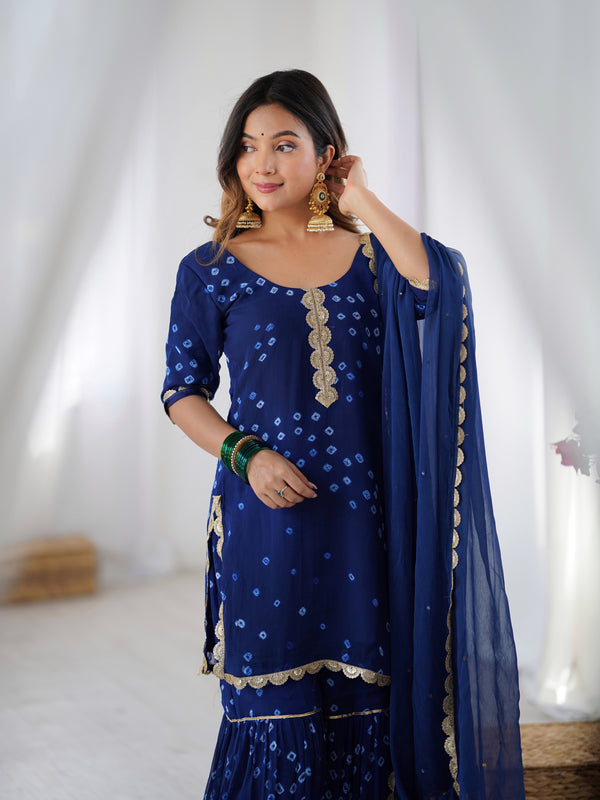 Midnight Blue Bandhani Sharara Kurta Set with Dupatta