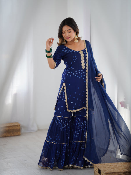 Navy Blue Bandhani Sharara Set with Dupatta