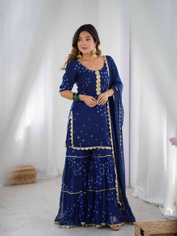 Navy Blue Bandhani Sharara Set with Dupatta