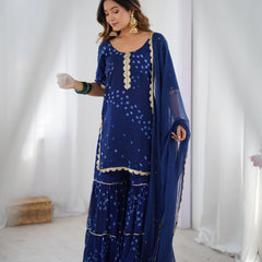 Midnight Blue Bandhani Sharara Kurta Set with Dupatta