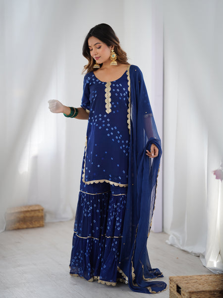 Midnight Blue Bandhani Sharara Kurta Set with Dupatta