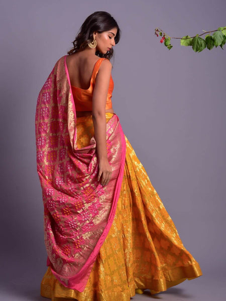 Yellow Full Flared Lehenga Set with Pink Dupatta