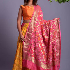 Yellow Full Flared Lehenga Set with Pink Dupatta